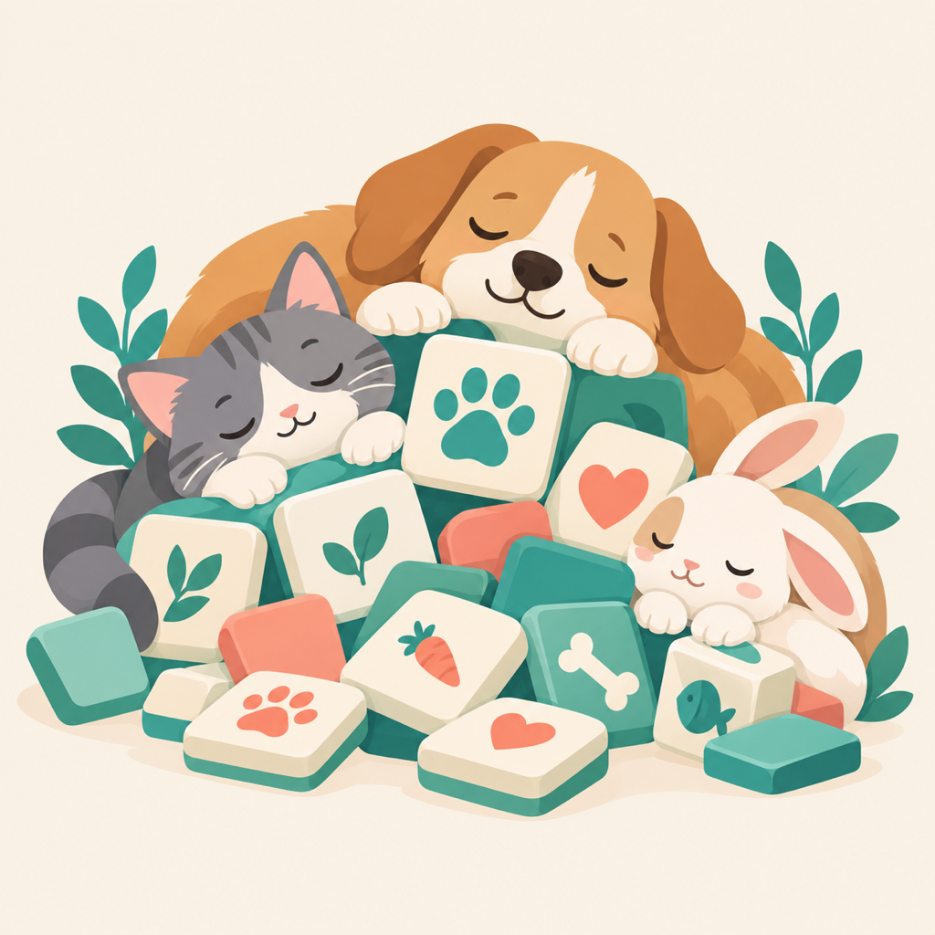 Ilustração flat de cachorro, gato e coelho ao lado de um monte de peças-pet coloridas